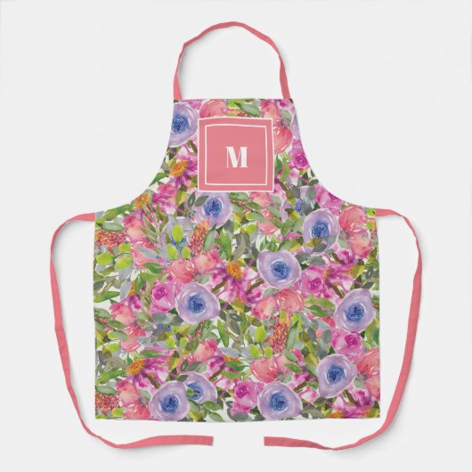 Rosa violette Blumen Grüne Blätter Boho Monogram Schürze (Vorderseite)