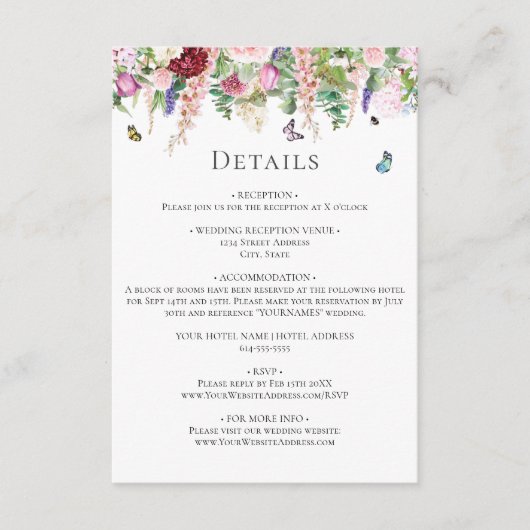 Rosa violette Blumen mit Schmetterlingen Begleitkarte (Vorderseite)