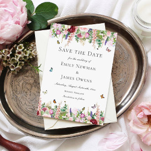 Rosa violette Blumen mit Schmetterlingen Save the  Date