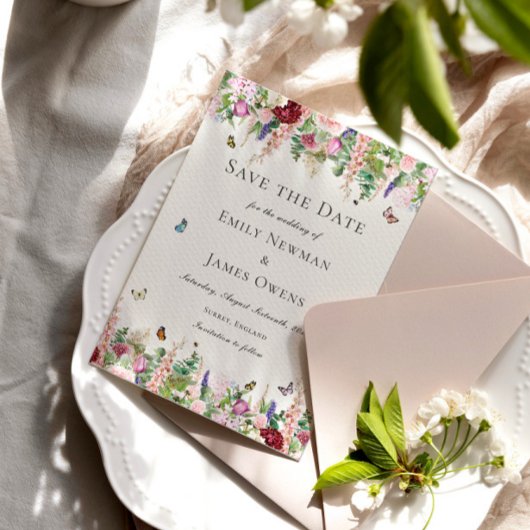 Rosa violette Blumen mit Schmetterlingen Save the Save The Date