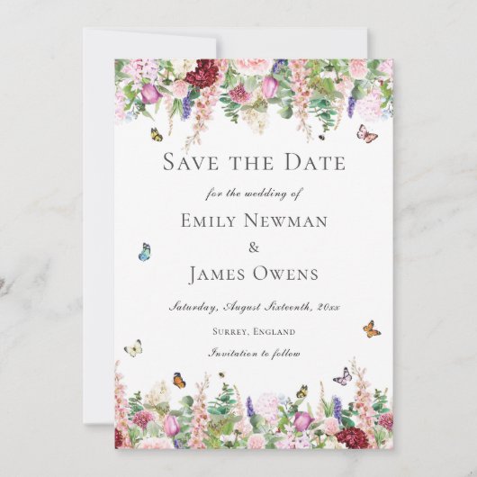 Rosa violette Blumen mit Schmetterlingen Save the Save The Date (Vorderseite)