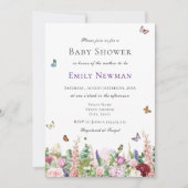 Rosa violette Blumen mit Schmetterlingsdusche Einladung (Vorderseite)