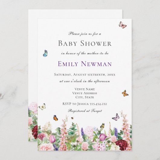 Rosa violette Blumen mit Schmetterlingsdusche Einladung (Vorne/Hinten)