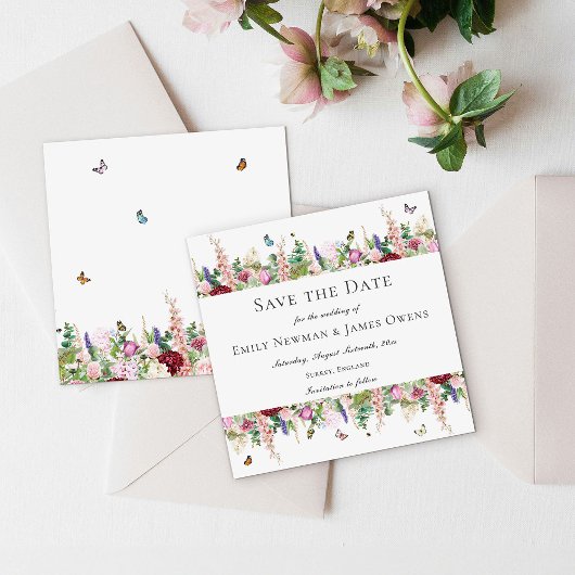 Rosa violette Blumen Schmetterlinge | SAVE THE DAT Date