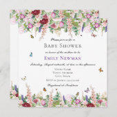 Rosa violette Blumen Schmetterlinge Square Babydus Einladung (Vorne/Hinten)