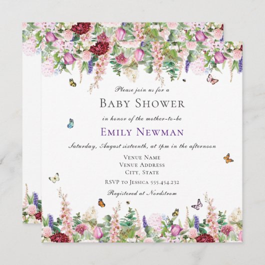 Rosa violette Blumen Schmetterlinge Square Babydus Einladung (Vorne/Hinten)