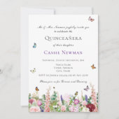 Rosa violette Blumen und Schmetterlinge | Quinceañ Einladung (Vorderseite)