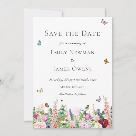 Rosa violette Blumen und Schmetterlinge Save the D Save The Date (Vorderseite)