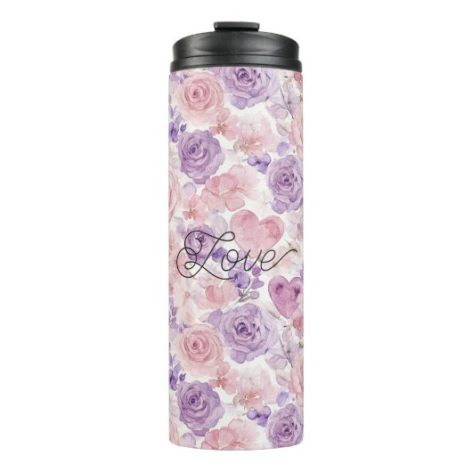 Rosa violette rosafarbene Blumen Herzen Thermosbecher (Vorderseite)