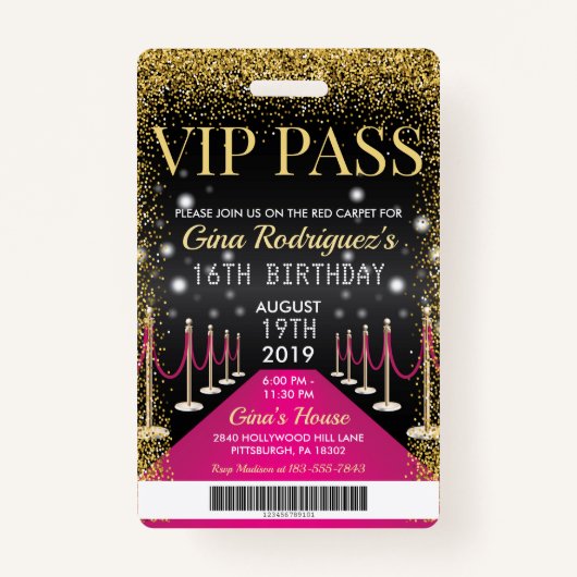 Rosa VIP-Pass Hollywood Red Carpet Geburtstag Ausweis (Vorderseite)