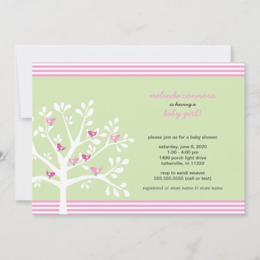 Rosa Vögel auf weißen Bäume Babydusche Einladung (Vorderseite)