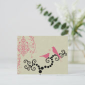 Rosa Vögel, Bäume, Punkte, Herzen, Liebe Postkarte (Stehend Vorderseite)