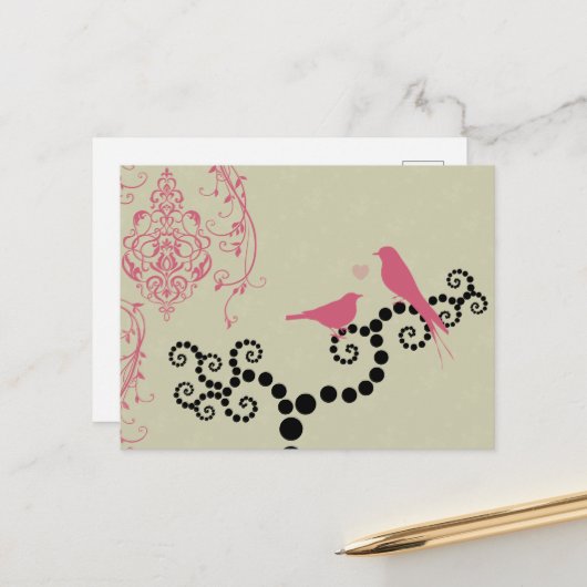 Rosa Vögel, Bäume, Punkte, Herzen, Liebe Postkarte (Vorderseite/Rückseite Beispiel)