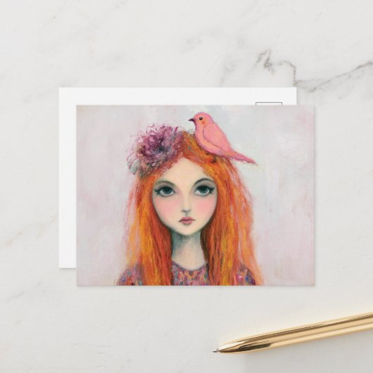 Rosa Vogel in ihrem Haar Postkarte (Vorderseite/Rückseite Beispiel)