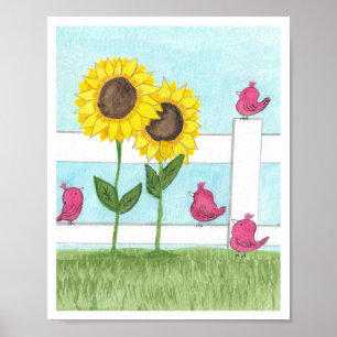 Rosa Vögel & Sonnenblumen Poster