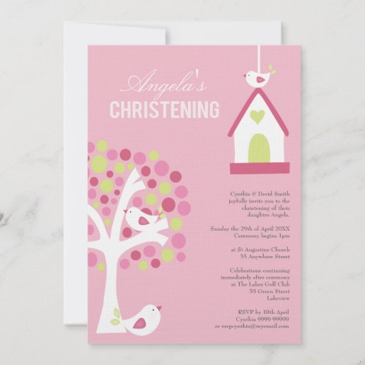 Rosa Vögel & Tree Baby Taufe Einladung (Rückseite)
