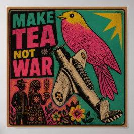 Rosa Vogel und altes Flugzeug machen Tee statt Kri Poster
