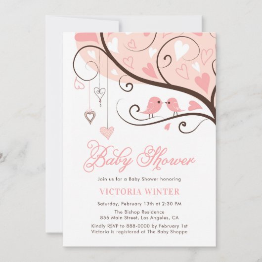 Rosa Vögel und Heartstrings Babydusche Einladung (Vorderseite)