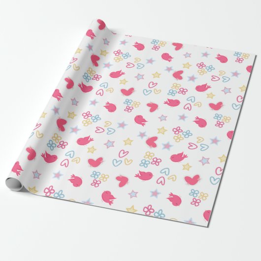 Rosa Vögel und Liebe Herz Geschenkpapier (Ungerollt)