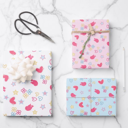 Rosa Vögel und Liebe Herz Geschenkpapier Set (Vorderseite)