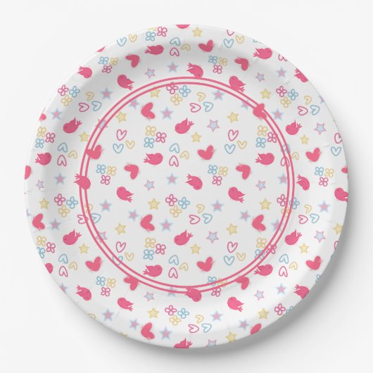 Rosa Vögel und Liebe Herz Pappteller (Vorderseite)