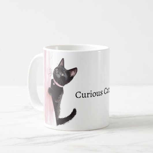 Rosa Vorhang neugierige Katze Kaffeetasse (Vorderseite Links)