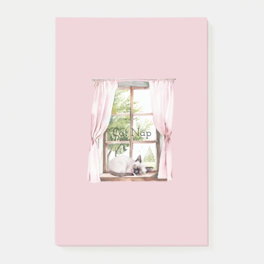 Rosa Vorhänge Katze Schlummer Fenster Post-it Klebezettel (Vorderseite)