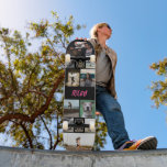 Rosa Vorlage zum Hinzufügen von Namen Schwarze Fot Skateboard<br><div class="desc">Anpassbare Skateboard mit einer Fotovorlage, zu der Sie zwölf eigene Fotos und Ihren Namen in einem bedrückten rosa Grunge Schriftart auf schwarzem Hintergrund hinzufügen können. Cooles Foto Collage Skateboard personalisiert mit Ihrem Namen und 12 Fotos in verschiedenen Größen und Formen. Zeigen Sie Ihre Lieblingsfotos beim Skate mit diesem personalisierten Skateboard,...</div>
