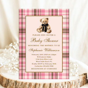 Rosa Vornehm Kariert Vintage Teddybär Babyparty Einladung