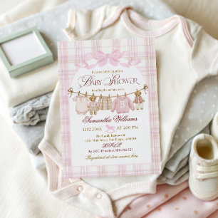 Rosa vornehme Teddybär Mädchen Babyparty Karierter Einladung