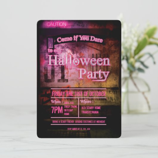 Rosa Vorsichtsmaßnahme Einladung des Halloween-Par (Stehend Vorderseite)