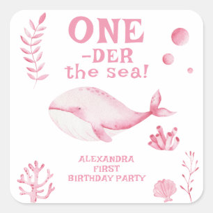 Rosa Wal unter dem Meer 1. Geburtstag  Quadratischer Aufkleber