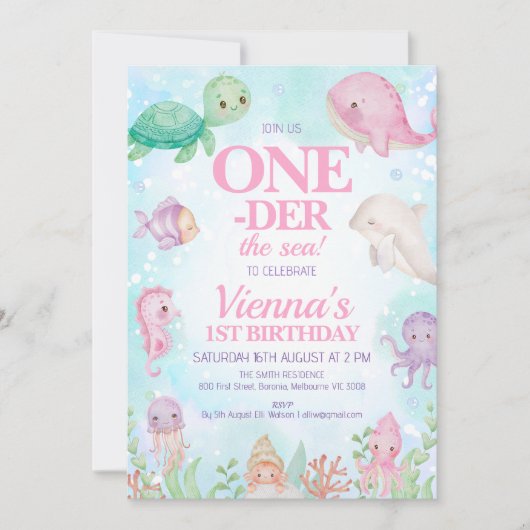 Rosa Wal unter den Meereskreaturen 1. Geburtstag Einladung (Vorderseite)