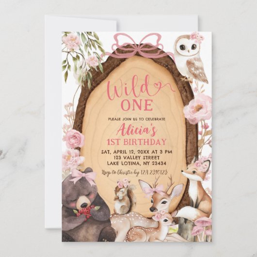Rosa Wald Wald Tier Geburtstag Einladung (Vorderseite)