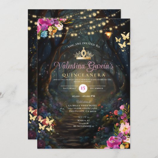 Rosa Wälder Quinceañera 15 Anos Blume Gold Einladung (Vorne/Hinten)