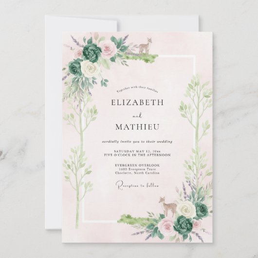 Rosa Waldlaub-Eukalyptus-Hochzeit Einladung (Vorderseite)