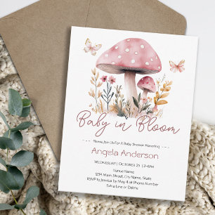 Rosa Waldpilz Baby in Blüte Babyparty Einladung