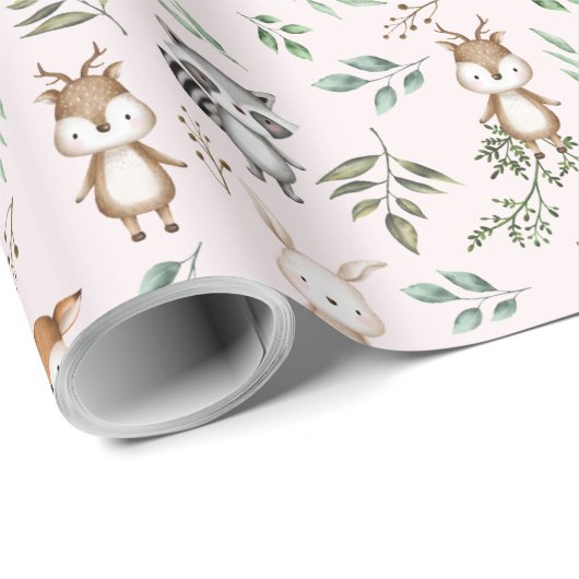 Rosa Waldtiere Geburtstagsdusche Geschenkpapier (Rolleneckpunkt)