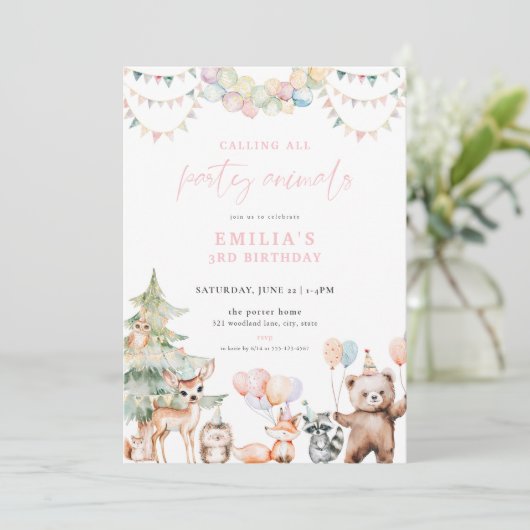 Rosa Waldtiere Party zum Geburtstag Einladung (Stehend Vorderseite)
