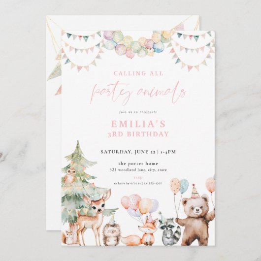 Rosa Waldtiere Party zum Geburtstag Einladung (Vorne/Hinten)