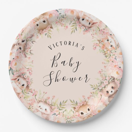 Rosa Waldtiere Personalisierter Name Pappteller (Vorderseite)