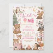 Rosa Waldtiere Wild One Mädchen Geburtstag Einladung (Vorderseite)