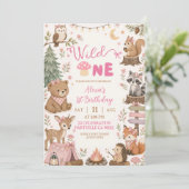 Rosa Waldtiere Wild One Mädchen Geburtstag Einladung (Stehend Vorderseite)