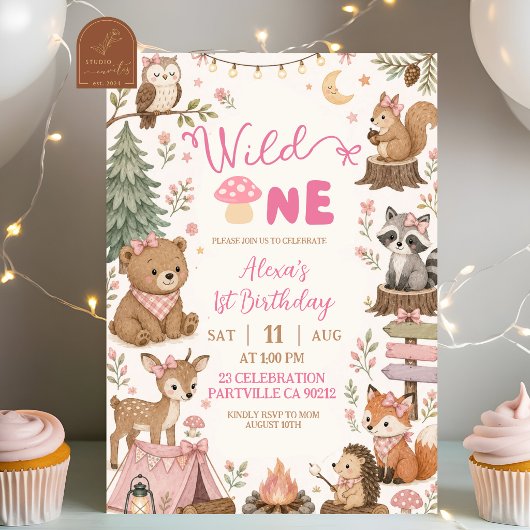 Rosa Waldtiere Wild One Mädchen Geburtstag Einladung