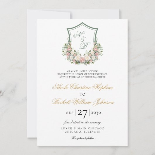 Rosa Wappen Hochzeit Einladung (Vorderseite)