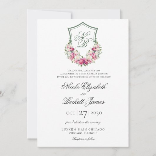 Rosa Wappen Hochzeit Einladung (Vorderseite)