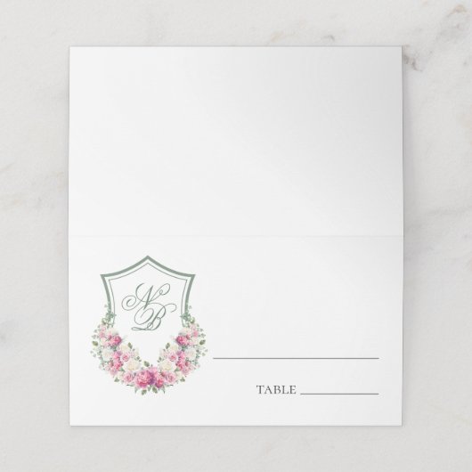 Rosa Wappen Hochzeit Platzkarte (Außenseite Aufgefaltet)