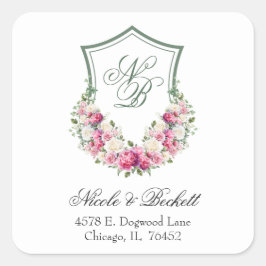 Rosa Wappen Hochzeit Rücksendeadresse Quadratischer Aufkleber