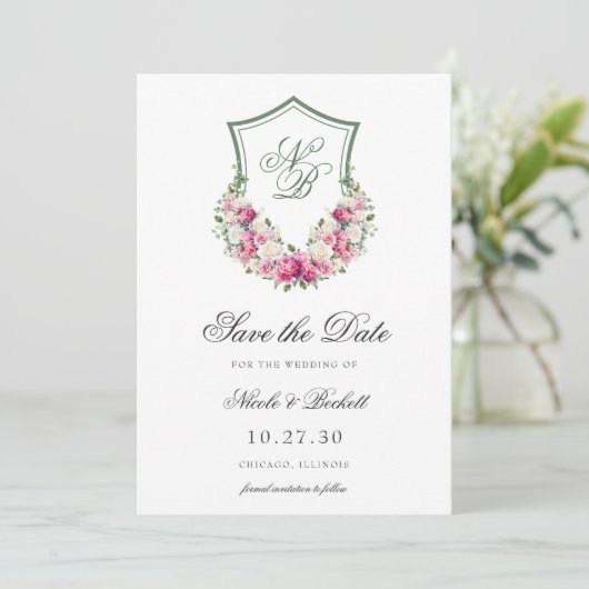Rosa Wappen Hochzeit Save The Date (Stehend Vorderseite)