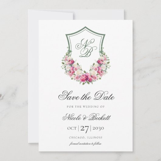 Rosa Wappen Hochzeit Save The Date (Vorderseite)